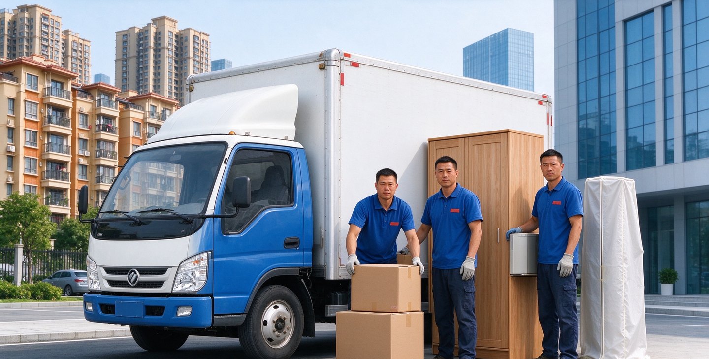 毕节喜悦搬家的搬运团队与厢式货车，正在为客户搬运家具、纸箱与沙发